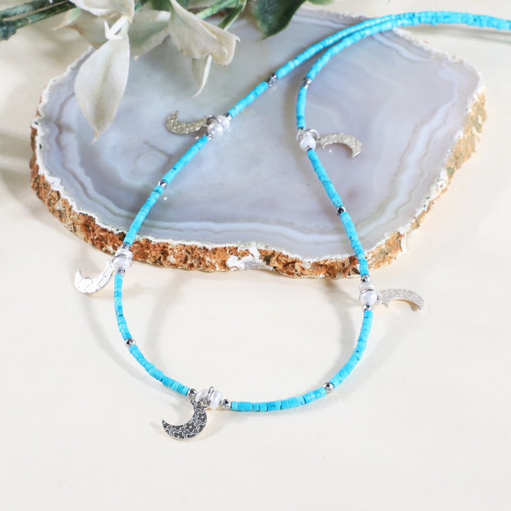 Natural Turquoise and Pearl Silver Moon Charm Necklace