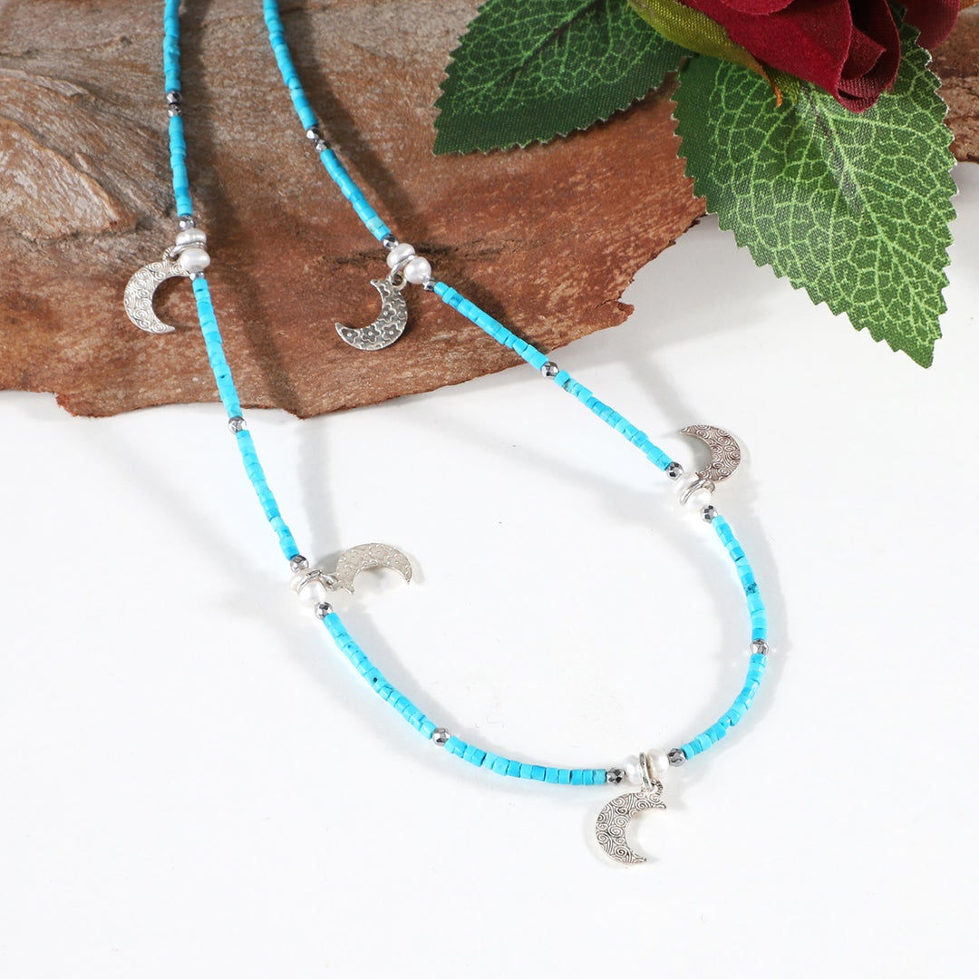 Natural Turquoise and Pearl Silver Moon Charm Necklace