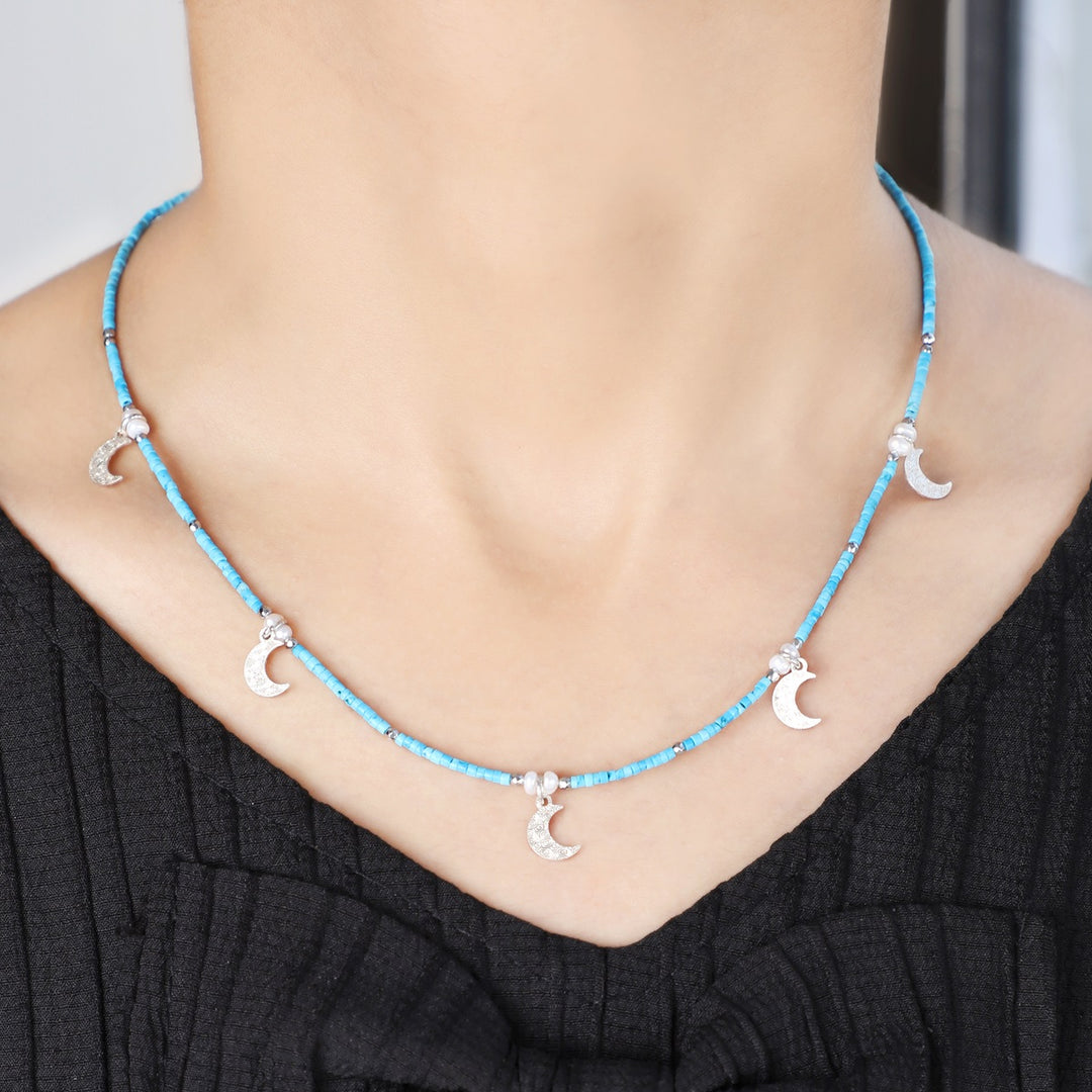 Natural Turquoise and Pearl Silver Moon Charm Necklace