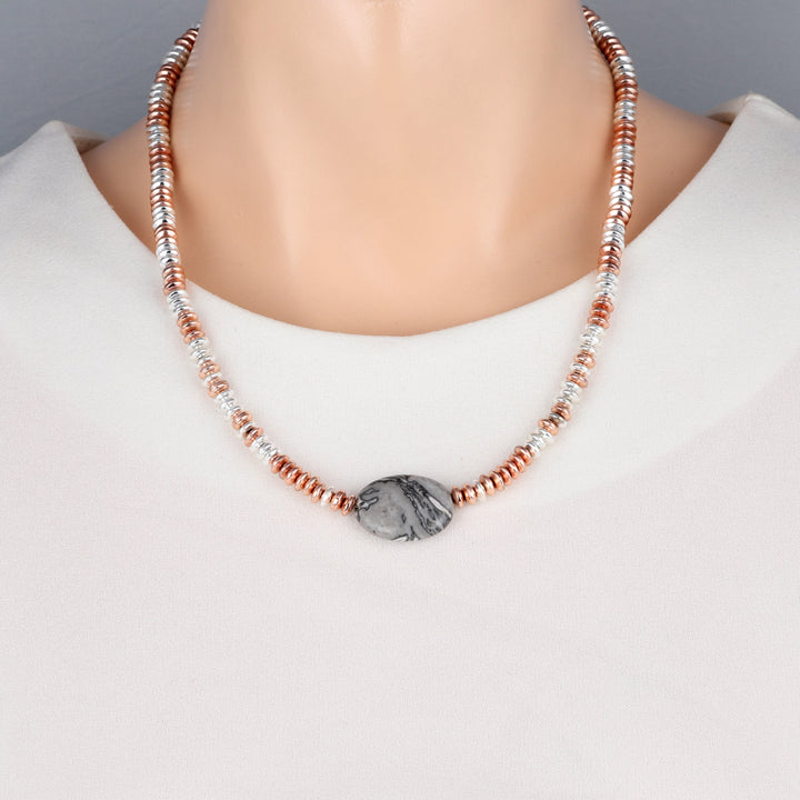 Hematite and Silver Leaf Jasper Unisex Necklace