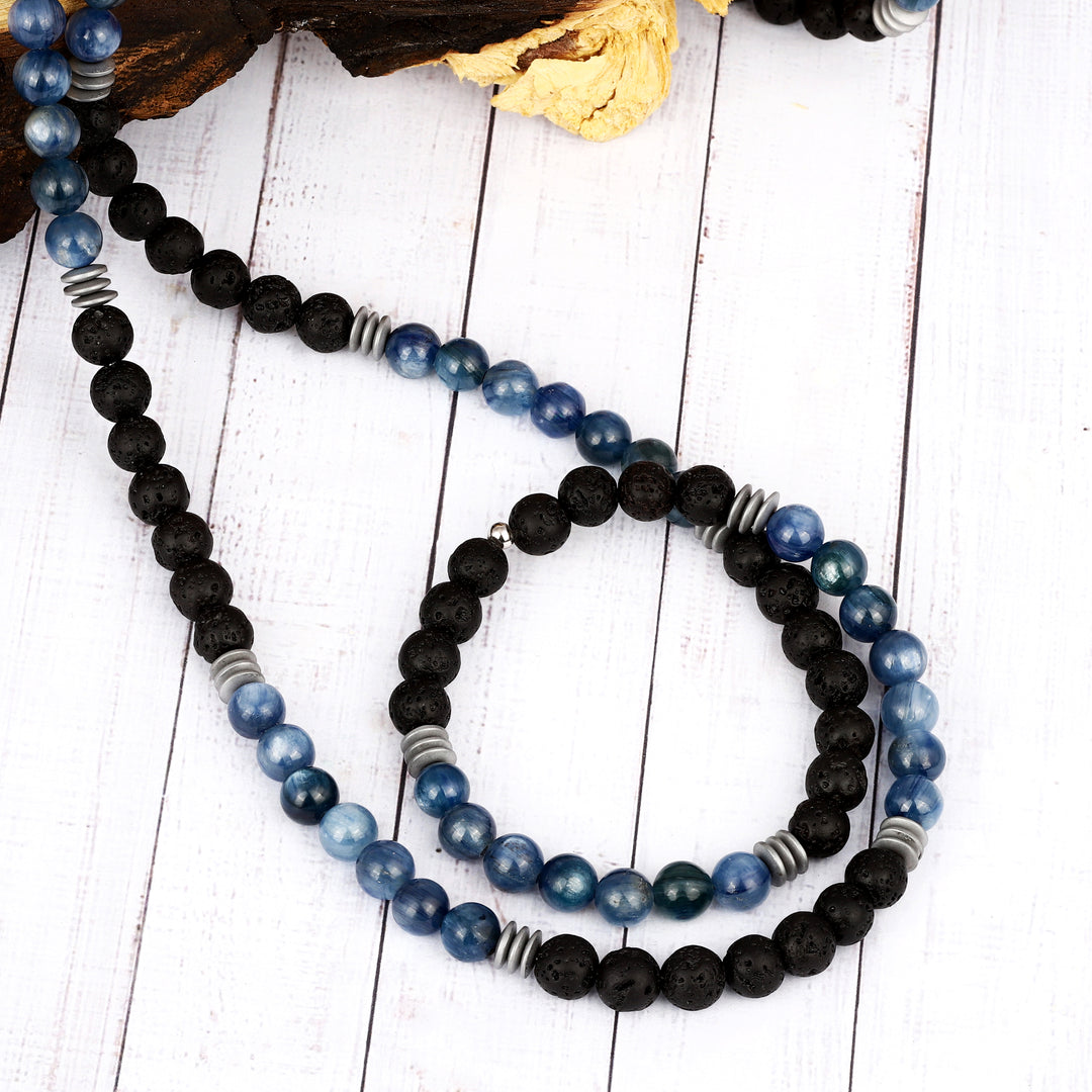 Kyanite, Lava and Hematite Beads Necklace