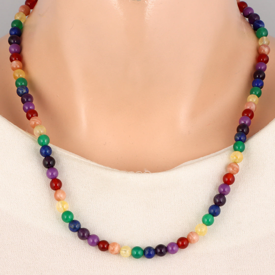 7 Chakra Gemstone Beads Silver Necklace