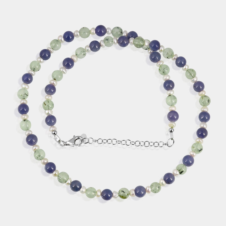 Handmade 925 silver necklace with prehnite, tanzanite, and pearl gemstone beads.