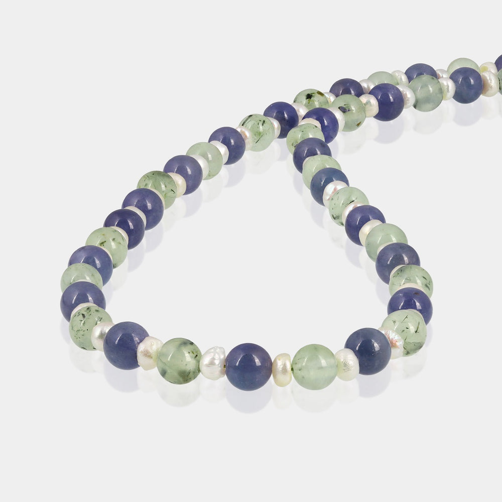 Smooth round prehnite in green color and tanzanite in blue color