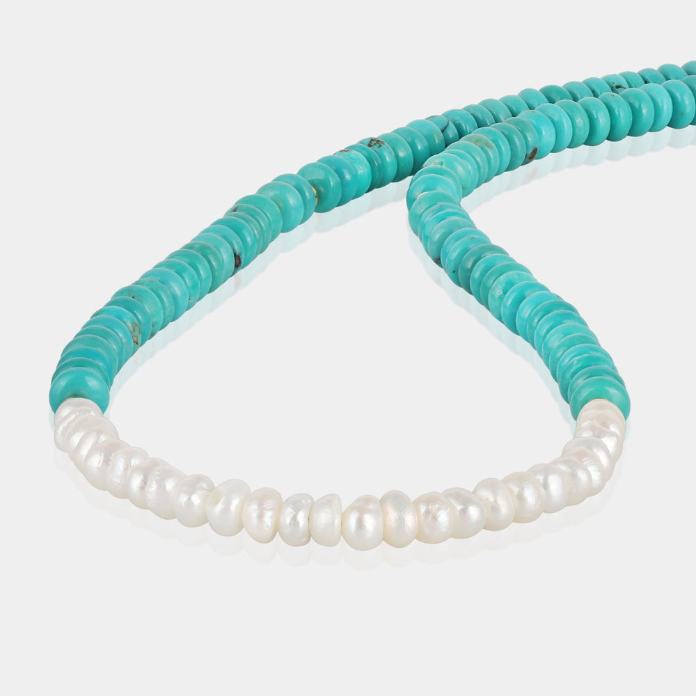 Elevate your style with this exquisite 925 silver necklace, adorned with smooth rondelle-shaped pearls and turquoise beads.