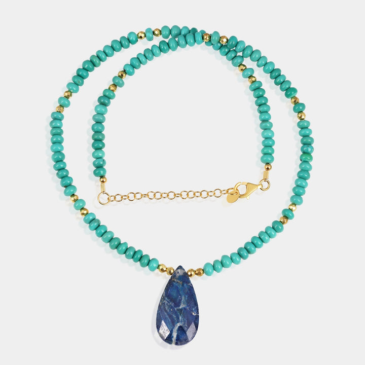 A beautiful blend of turquoise, lapis lazuli, and hematite gemstone beads on a handmade 925 silver chain.