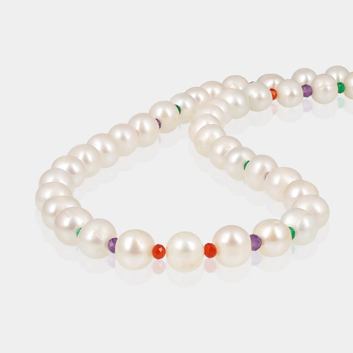 This exquisite piece showcases the timeless elegance of pearls and the vibrant allure of amethyst, pink opal, amazonite, green onyx, and red onyx gemstone beads.