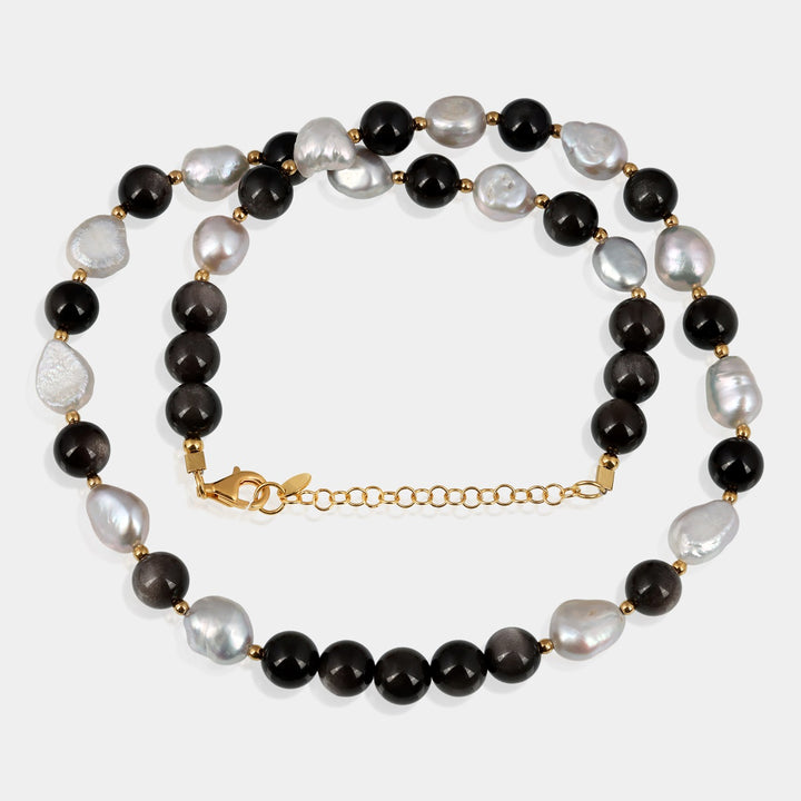 Handmade 925 silver necklace with black obsidian, multicolor pearl, and gold hematite gemstone beads