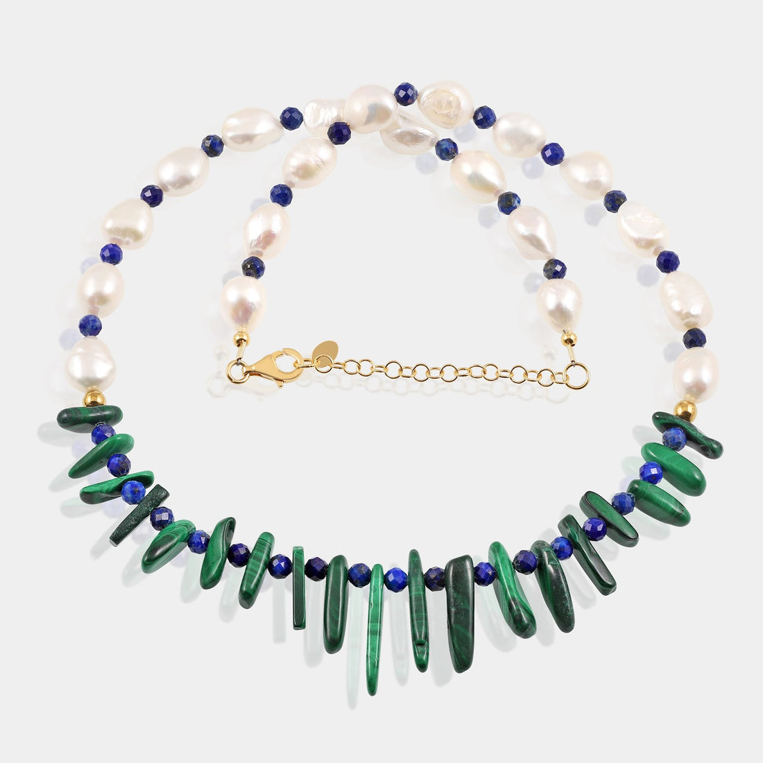 Pearl, Lapis Lazuli and Malachite Silver Necklace