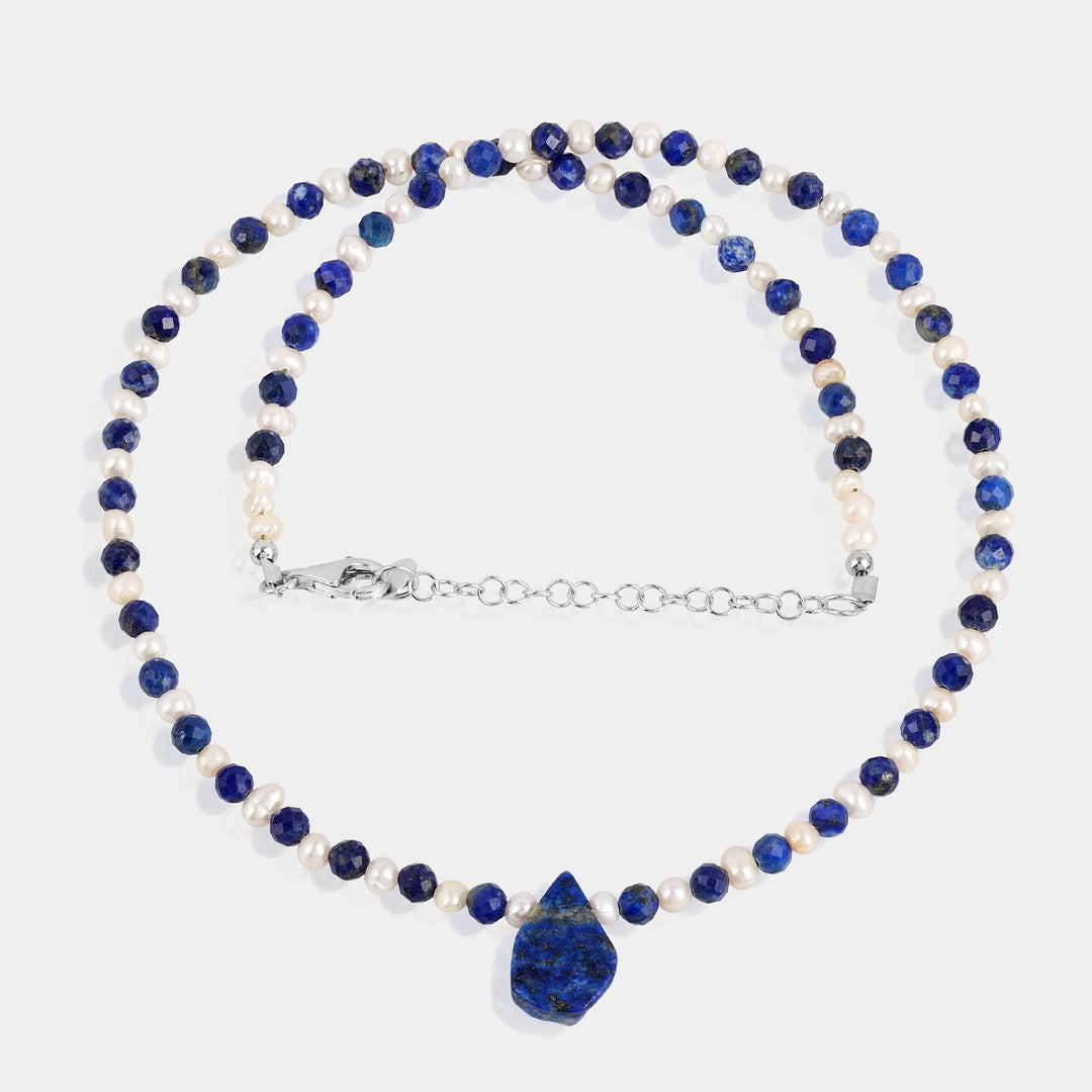 Natural Pearl and Lapis Lazuli Gemstone Beads Handmade 925 Silver Necklace