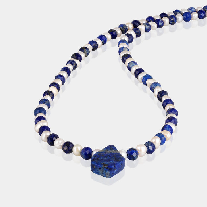 Faceted Round Blue Lapis Lazuli Gemstone Beads Smooth White Pearl Gemstone Beads