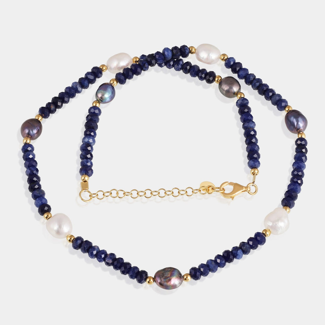 Handmade 925 silver necklace featuring Lapis Lazuli, Pearl, and Hematite gemstone beads