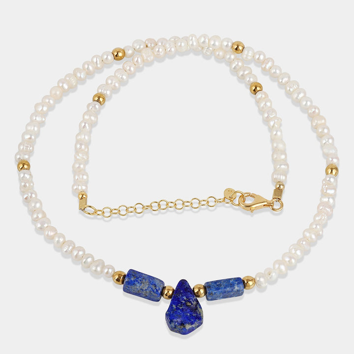 Handmade 925 silver necklace with Pearl, Lapis Lazuli, and Hematite gemstones.