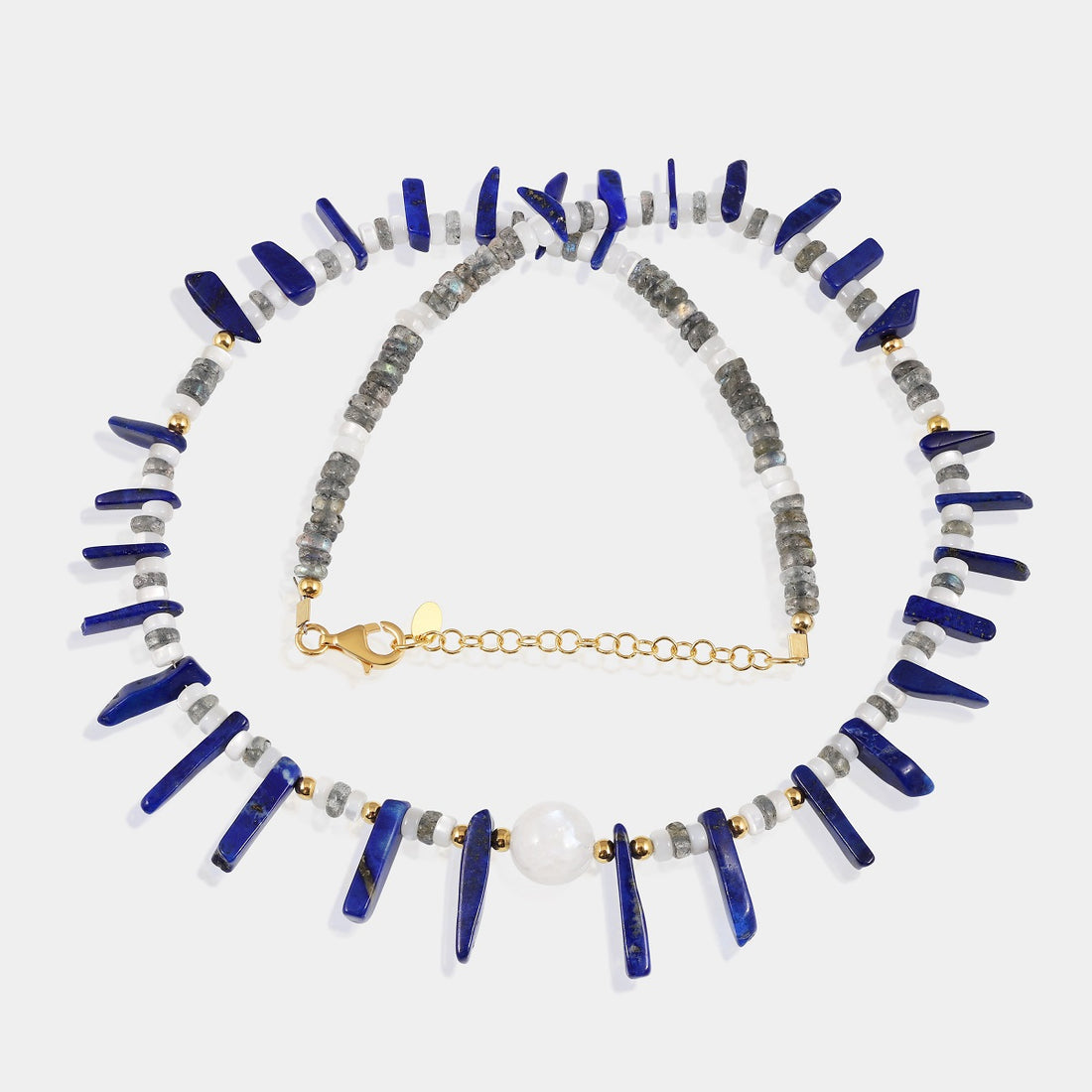 Handmade 925 silver necklace adorned with Lapis Lazuli, Labradorite, Mother of Pearl, and Rainbow Moonstone gemstone beads