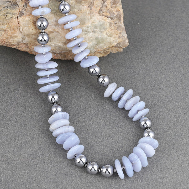 Natural Blue Lace Agate and Hematite Gemstone Necklace