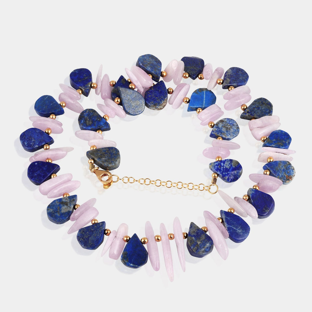 Handmade 925 silver necklace with kunzite, lapis lazuli, and hematite gemstone beads