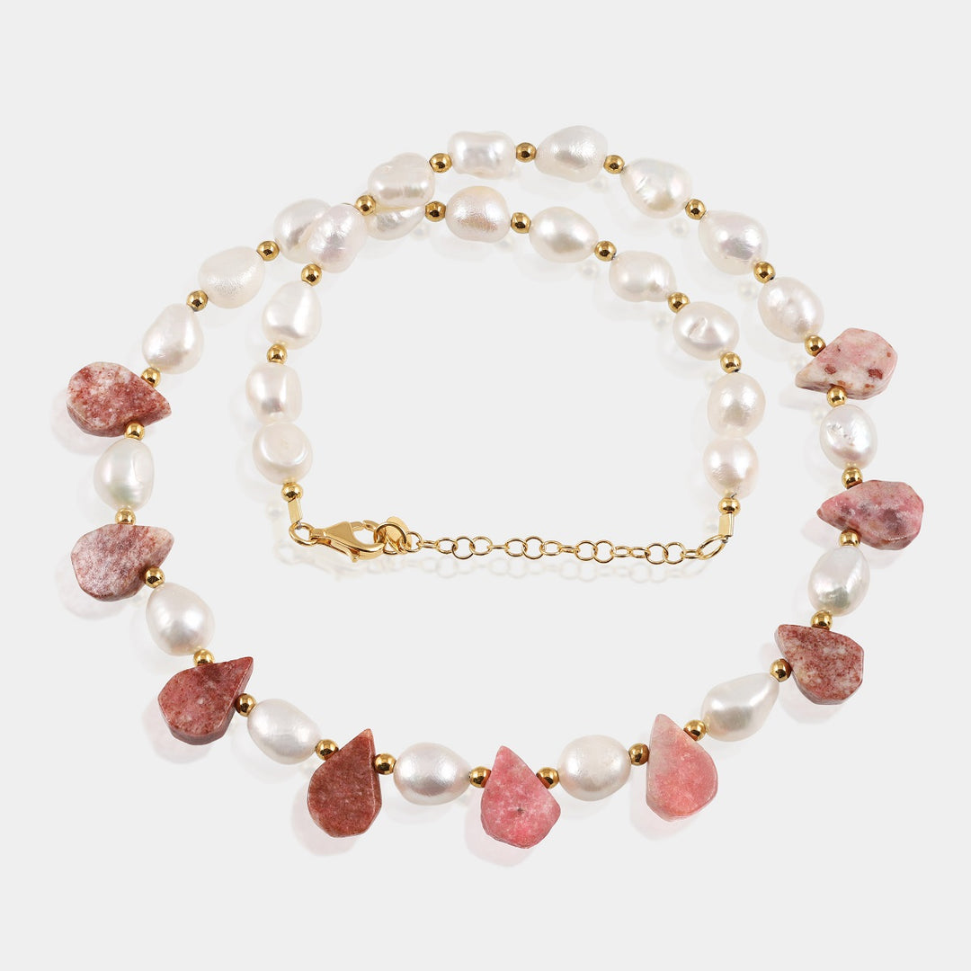 Handmade Gemstone Necklace with Pearl, Rhodochrosite, Hematite, 925 Silver, Beads Necklace, Lobster Claw Lock, Adjustable Length