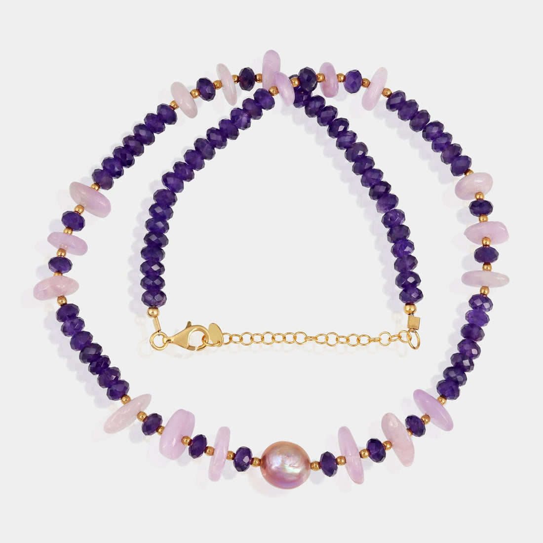 Exquisite 925 Silver Necklace with Amethyst, Kunzite, Pearl, and Hematite Gemstone Beads - A stunning combination of captivating colors and positive energies.
