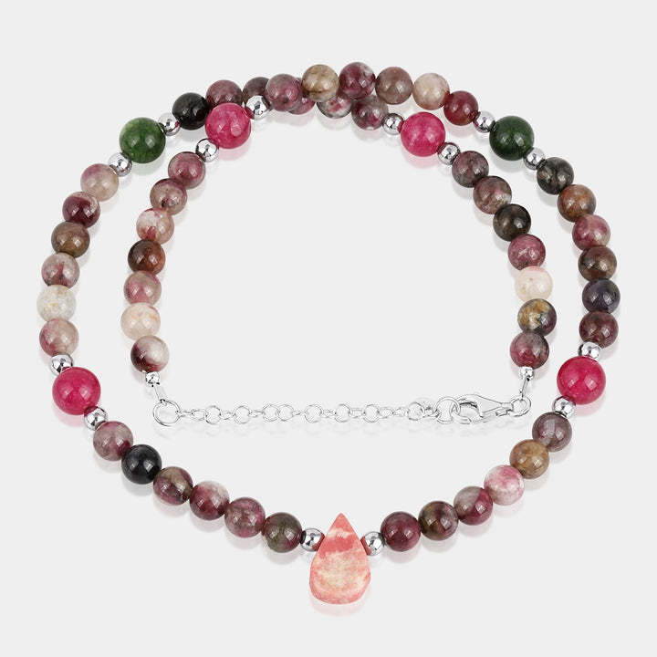 Handmade 925 silver necklace with flower tourmaline, multi tourmaline quartz, rhodochrosite, and hematite gemstone beads.