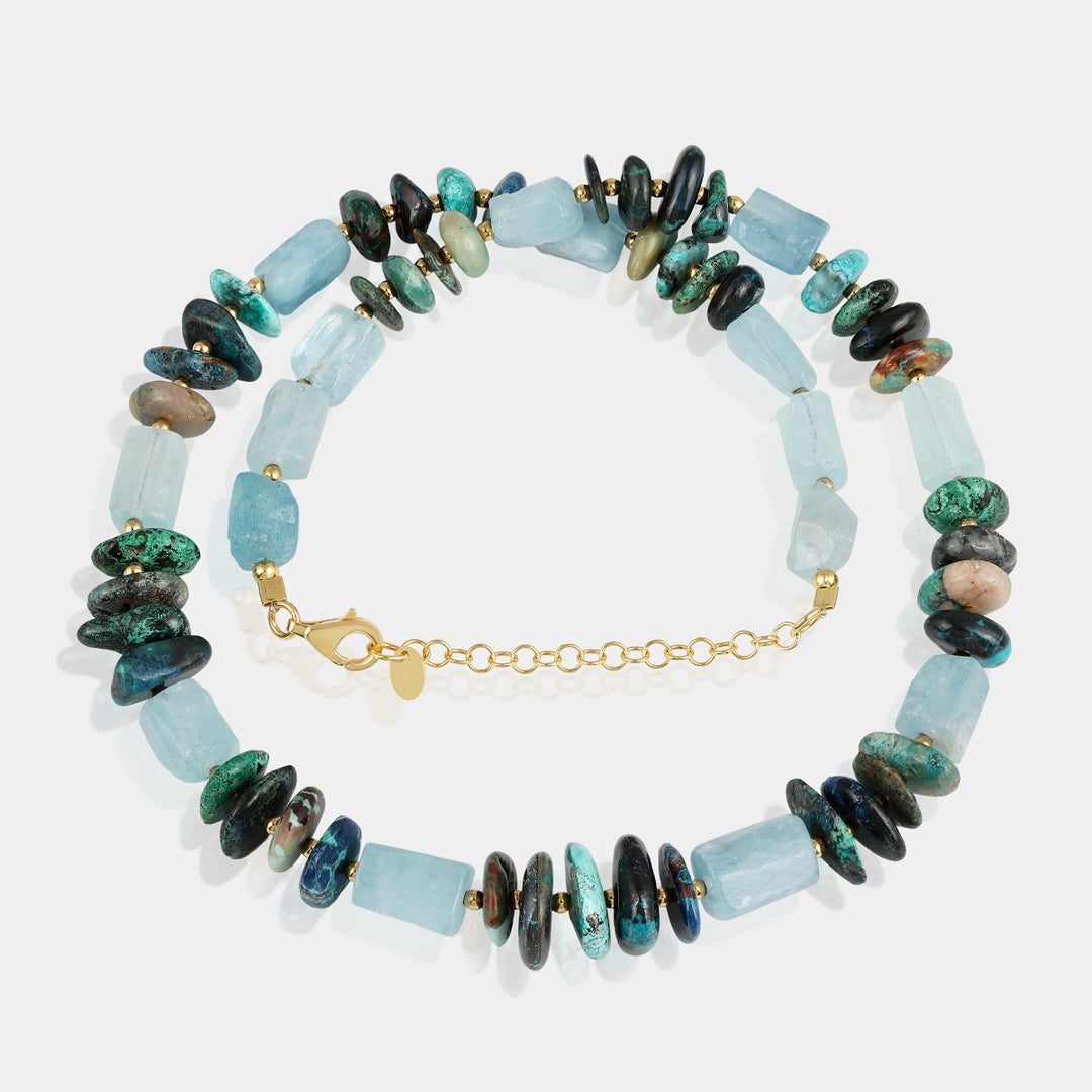 Handmade 925 Silver Necklace with Aquamarine, Chrysocolla, and Hematite Gemstones