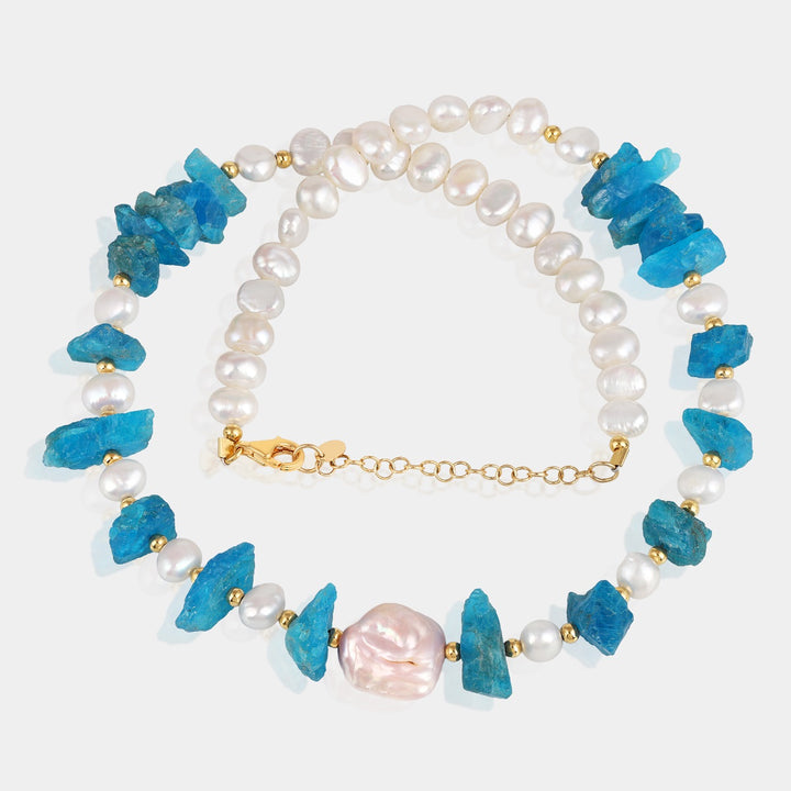 Handmade 925 silver necklace adorned with pearls and neon apatite gemstone beads