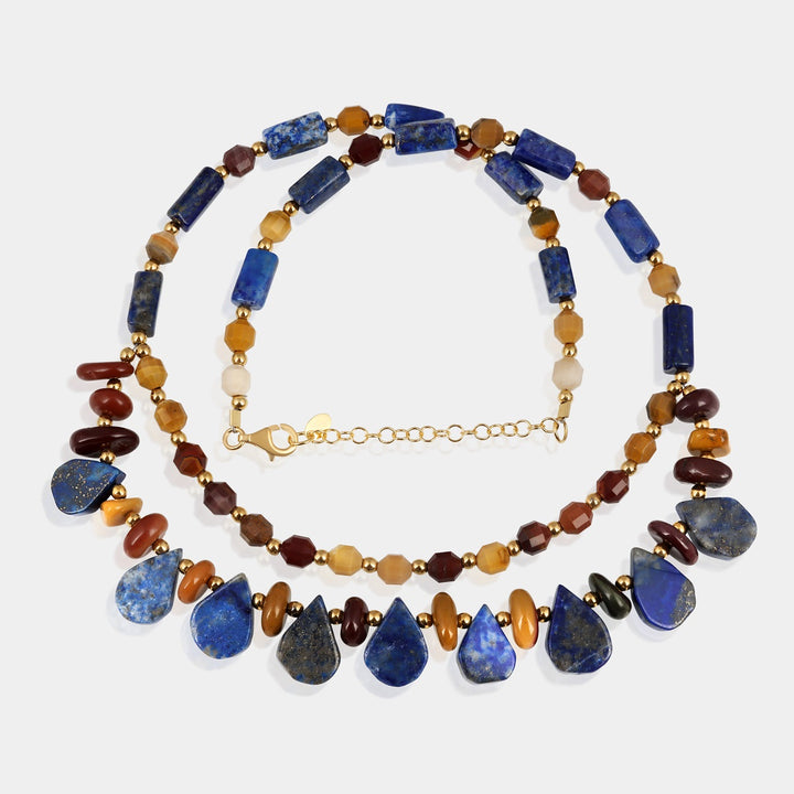 Handmade 925 silver necklace featuring Lapis Lazuli, Mookaite, and Hematite gemstone beads on a yellow gold-plated chain