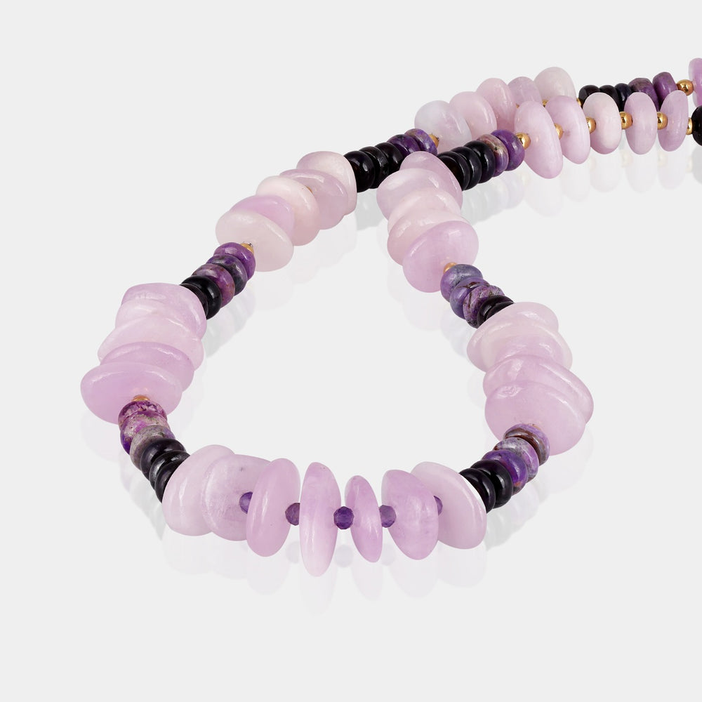 Smooth nugget-shaped kunzite gemstone beads in pink color and Faceted round amethyst gemstone beads in purple color