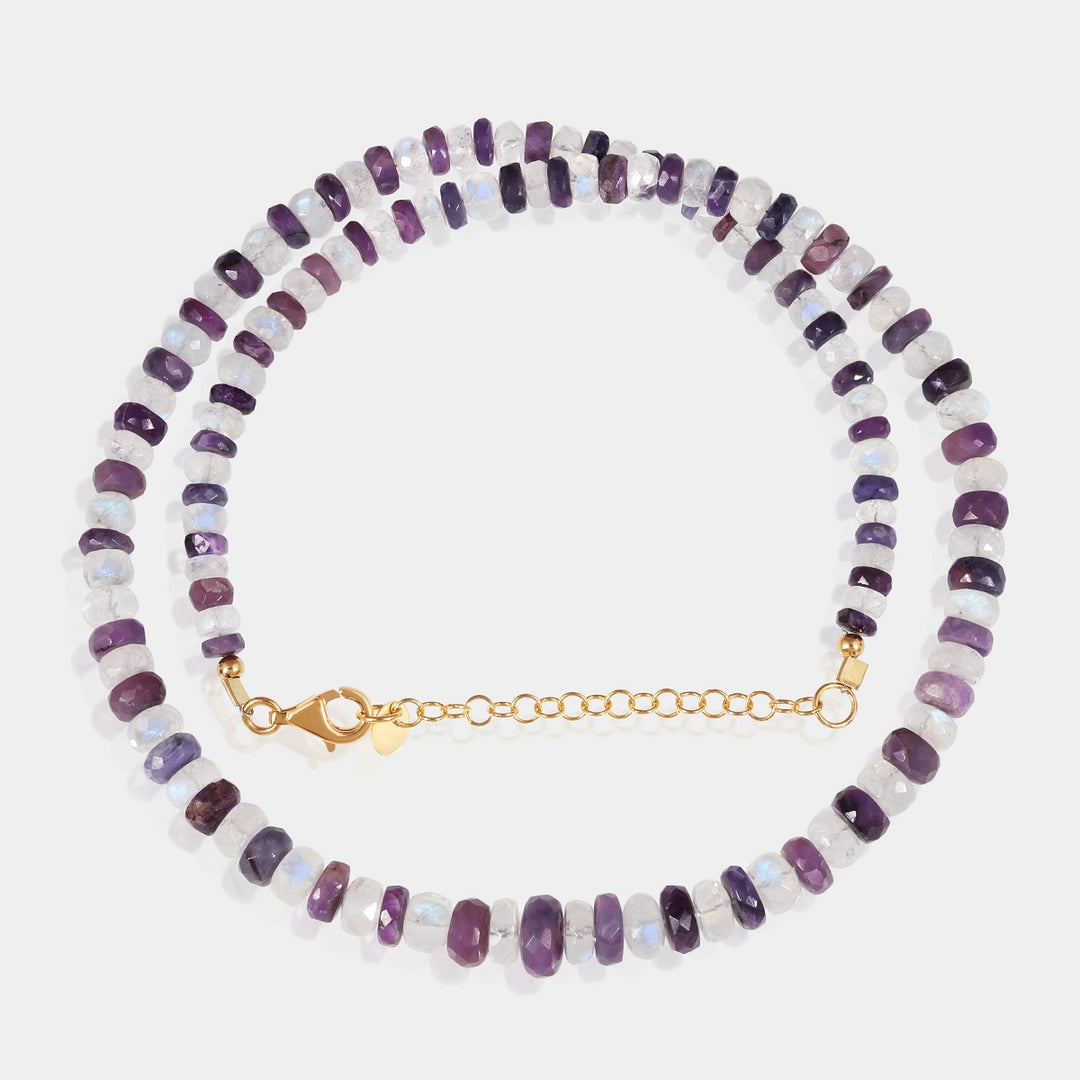 Handmade 925 silver necklace with rainbow moonstone and sugilite gemstone beads.