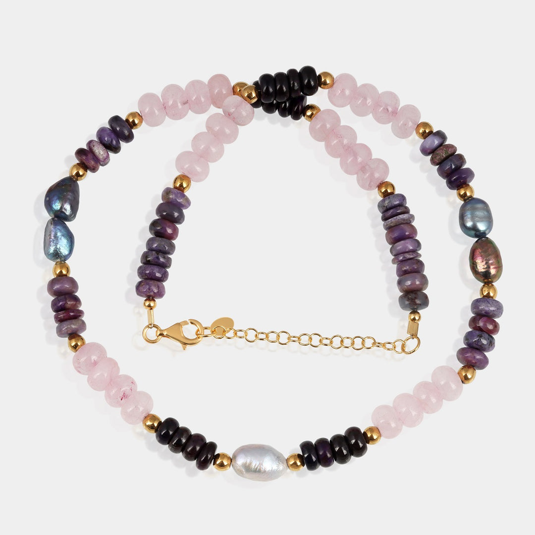 Natural Rose Quartz, Sugilite, Pearl and Hematite Necklace 925 Silver