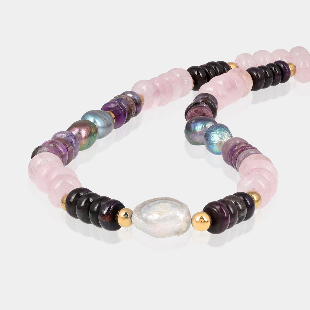 Multicolored smooth tumble-shaped Pearl gemstone beads on silver necklace