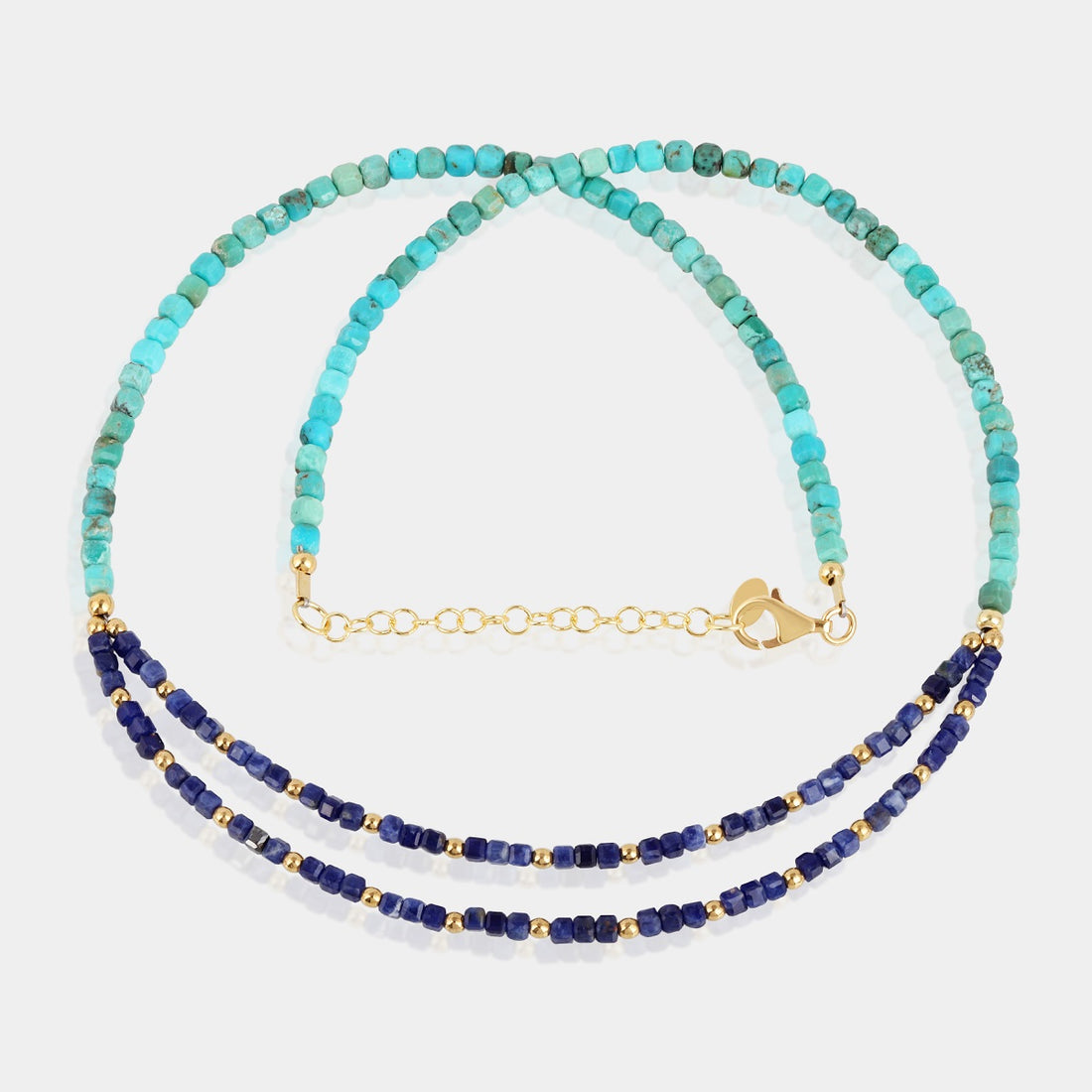 A beautiful blend of turquoise, sodalite, and hematite gemstone beads, handcrafted in sterling silver.