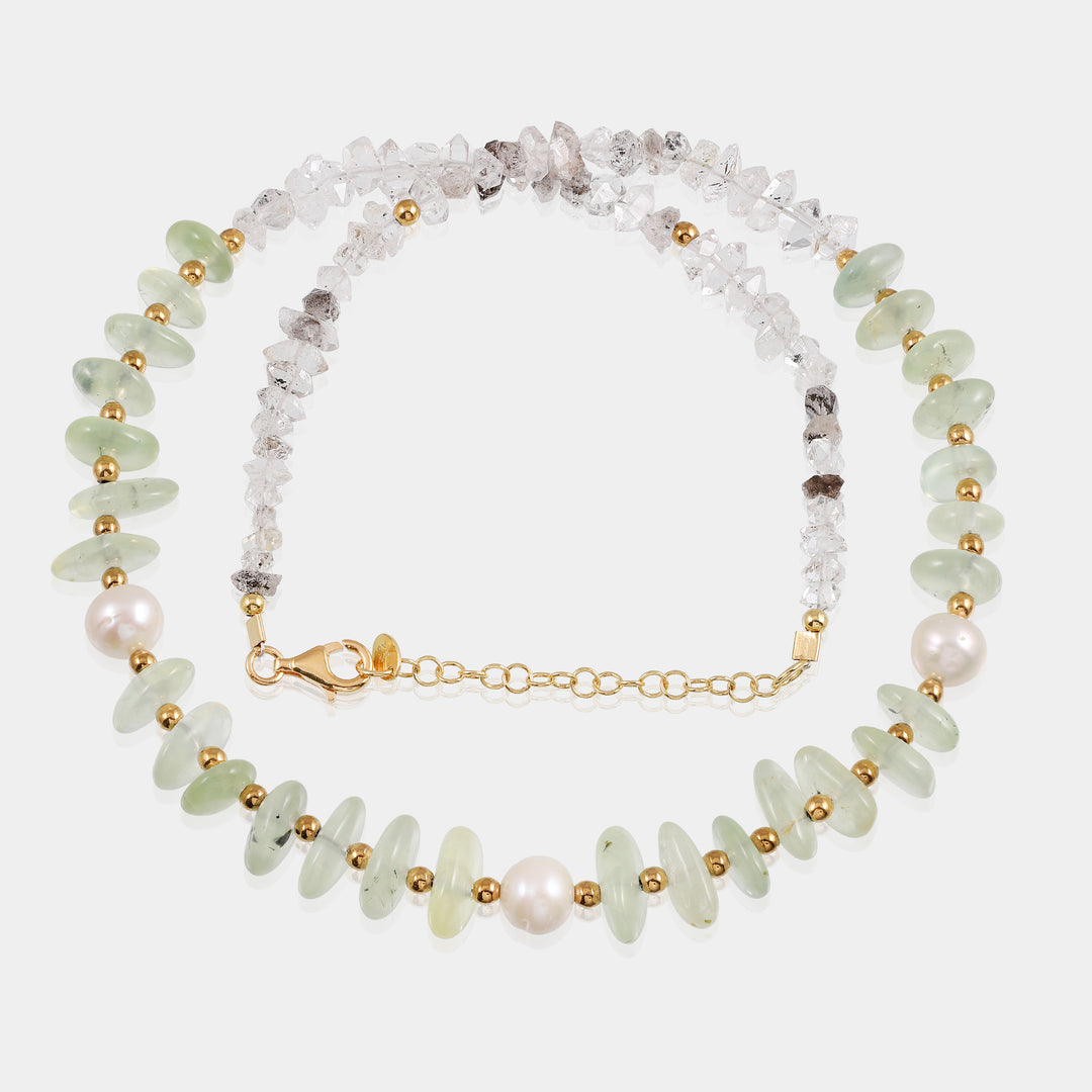 Handmade 925 Silver Necklace with Natural Gemstone Beads: Prehnite, Herkimer Diamond, Pearl, and Hematite. Timeless elegance in every detail.