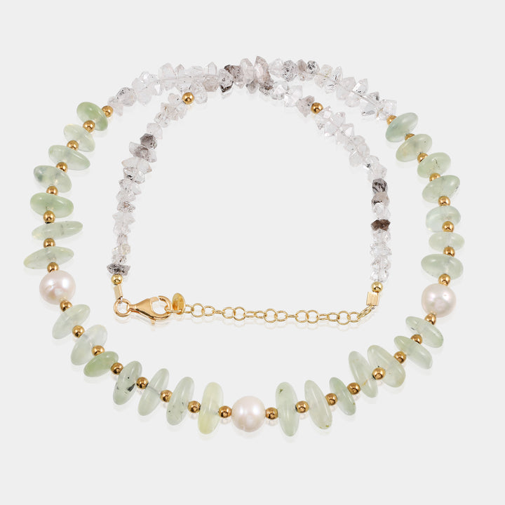 Handmade 925 Silver Necklace with Natural Gemstone Beads: Prehnite, Herkimer Diamond, Pearl, and Hematite. Timeless elegance in every detail.