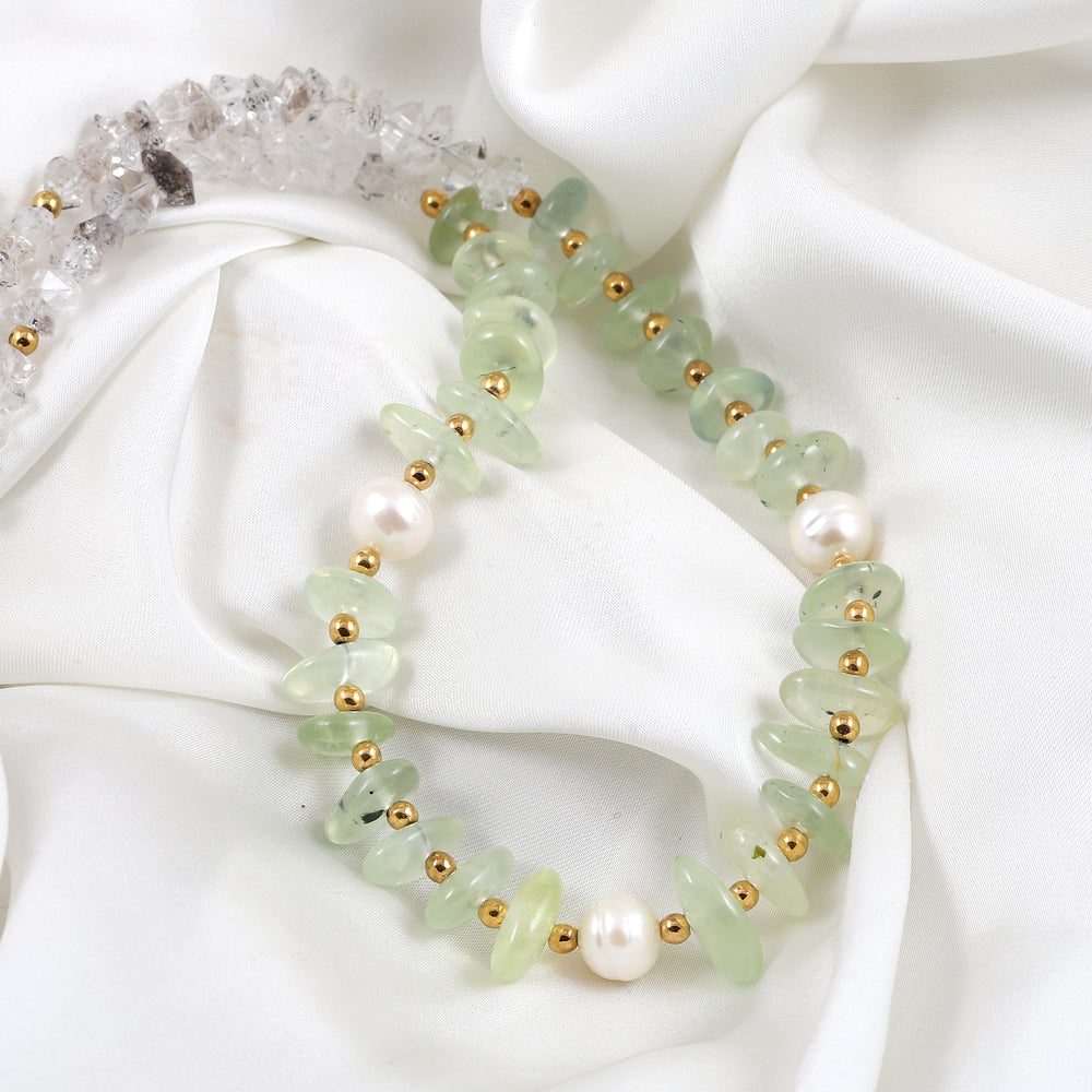 Handmade Gemstone Necklace with Prehnite, Herkimer Diamond, Pearl, Hematite in 925 Silver