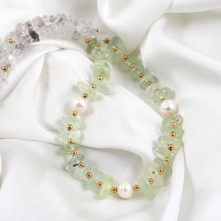 Handmade Gemstone Necklace with Prehnite, Herkimer Diamond, Pearl, Hematite in 925 Silver