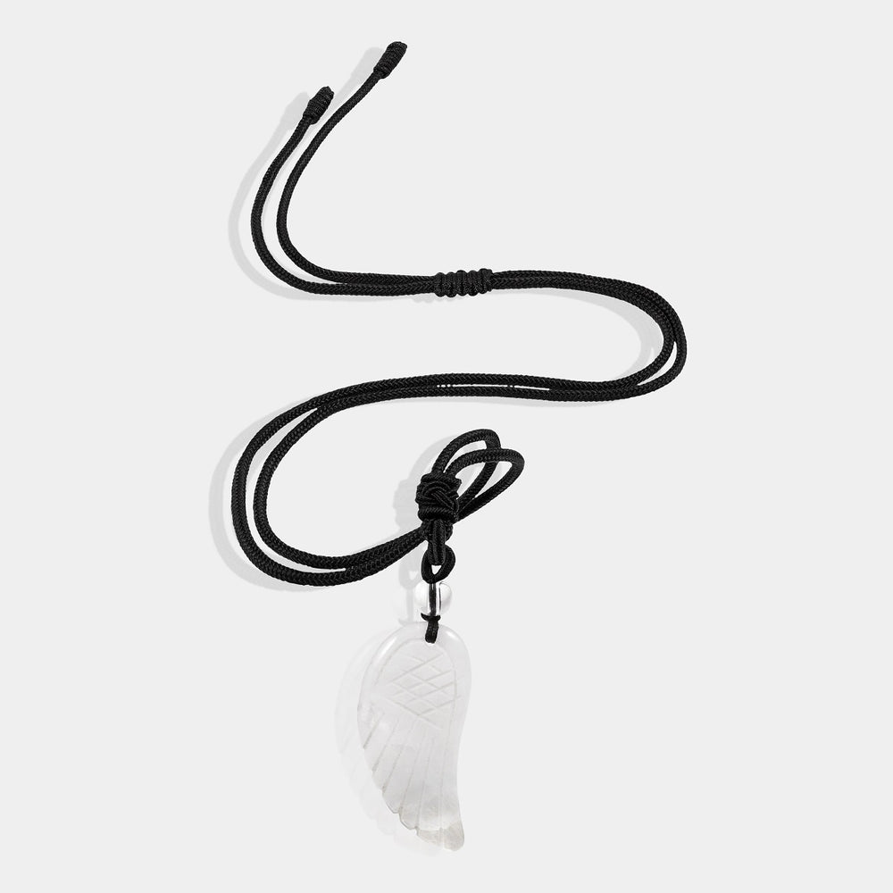 Natural White Quartz Angel Wing Pendant Necklace with adjustable rope.