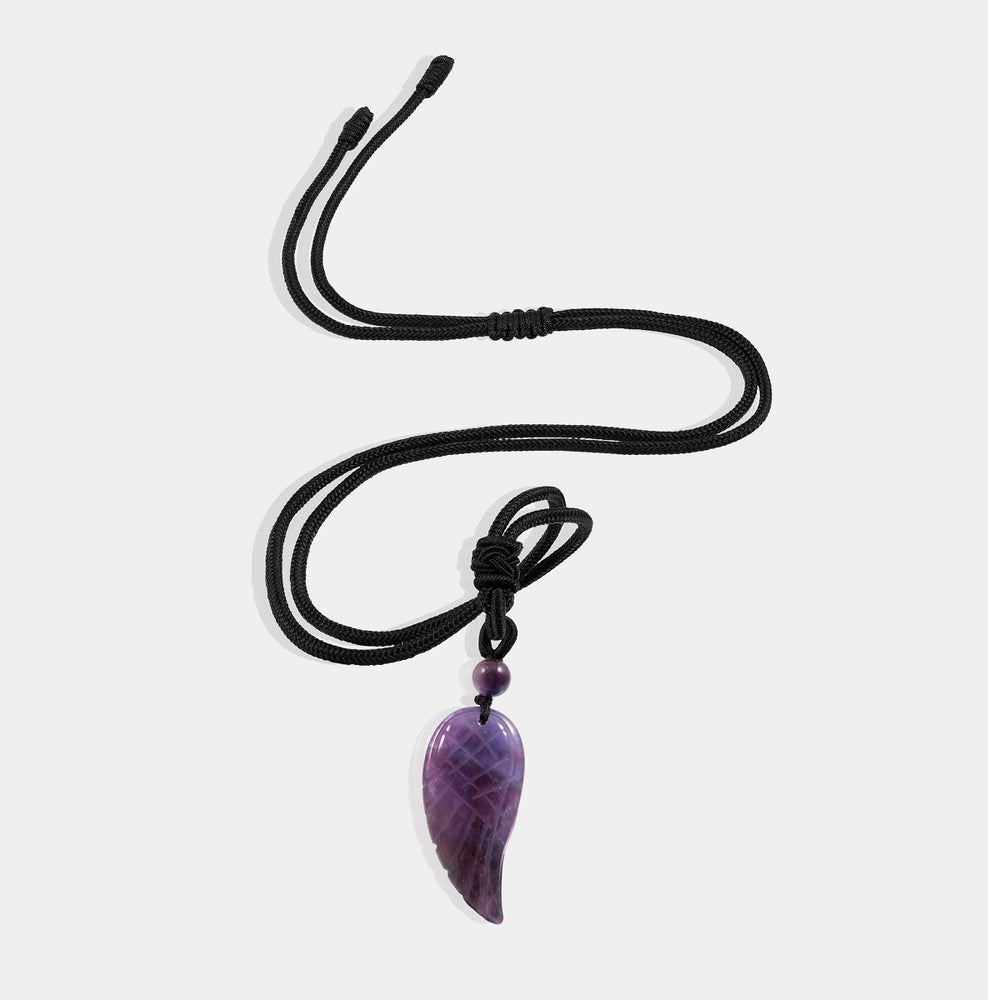 Natural Amethyst Angel Wing Pendant Necklace with adjustable rope.