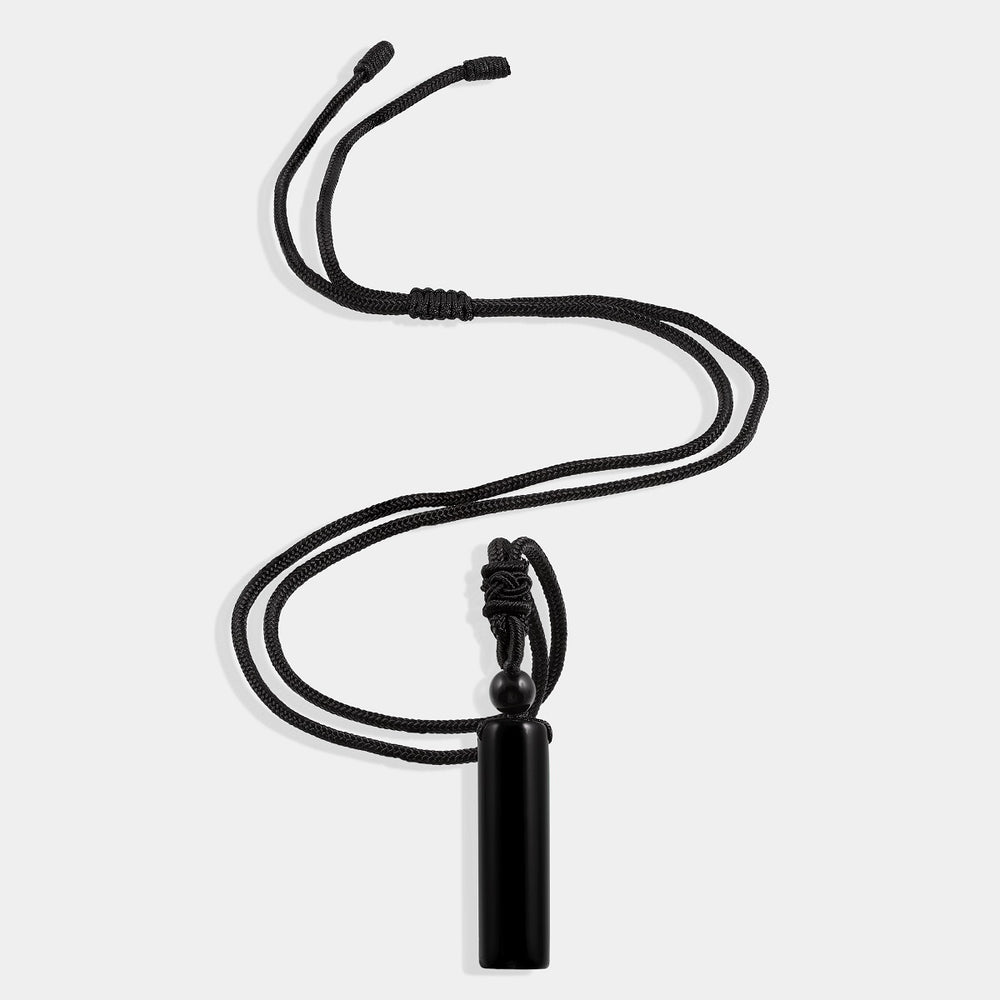 Natural Black Onyx Cylinder Adjustable Rope Pendant Necklace with deep black gemstone and adjustable length.