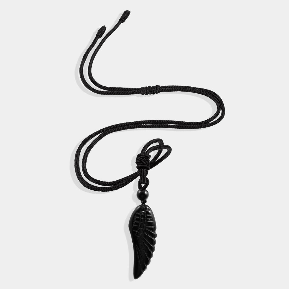 Natural Black Onyx Angel Wing Pendant Necklace with adjustable rope.