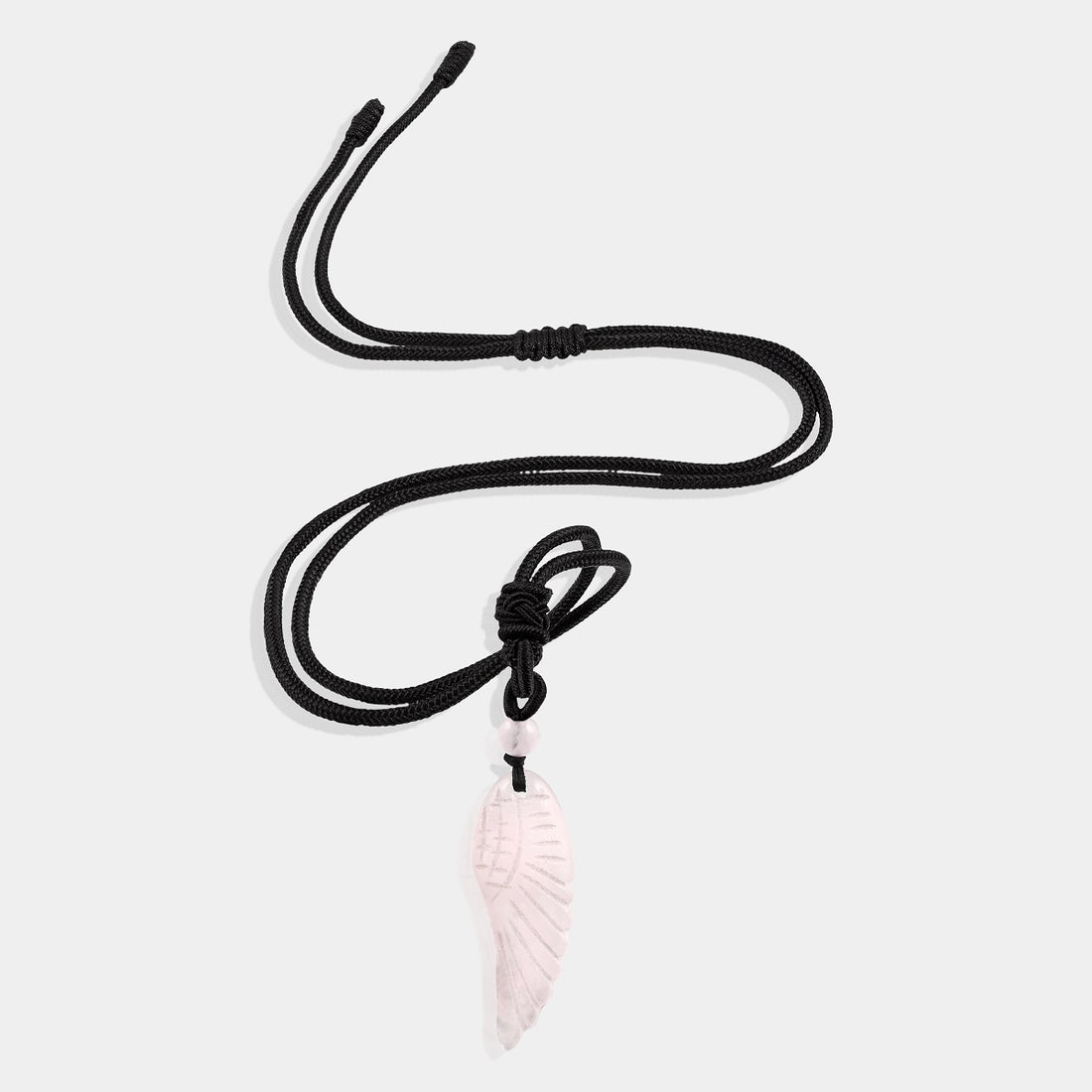 Natural Rose Quartz Angel Wing Pendant Necklace with adjustable rope.