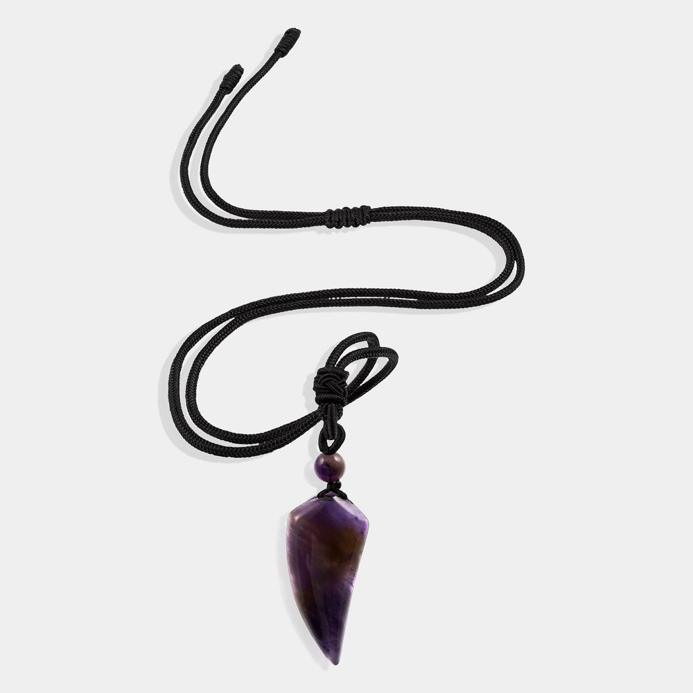A close-up view of the pendant necklace showcasing the smooth fang tooth pendant wrapped with an adjustable rope necklace, featuring a mesmerizing amethyst gemstone.An image showcasing the pendant securely wrapped on the rope necklace, emphasizing its durability and stylish presentation.