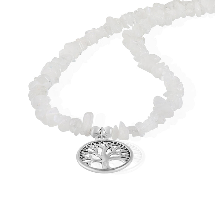 Rainbow Moonstone Tree of Life Charm Silver Necklace