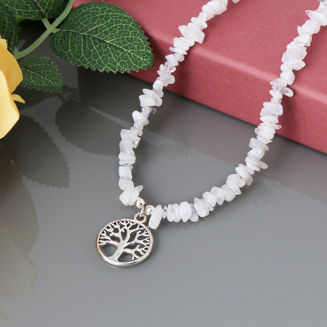 Rainbow Moonstone Tree of Life Charm Silver Necklace