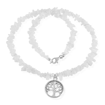 Rainbow Moonstone Tree of Life Charm Silver Necklace