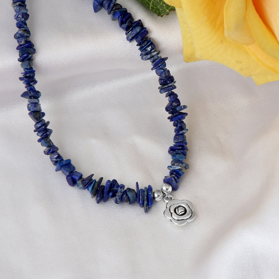 Lapis Lazuli Flower Charm Silver Necklace