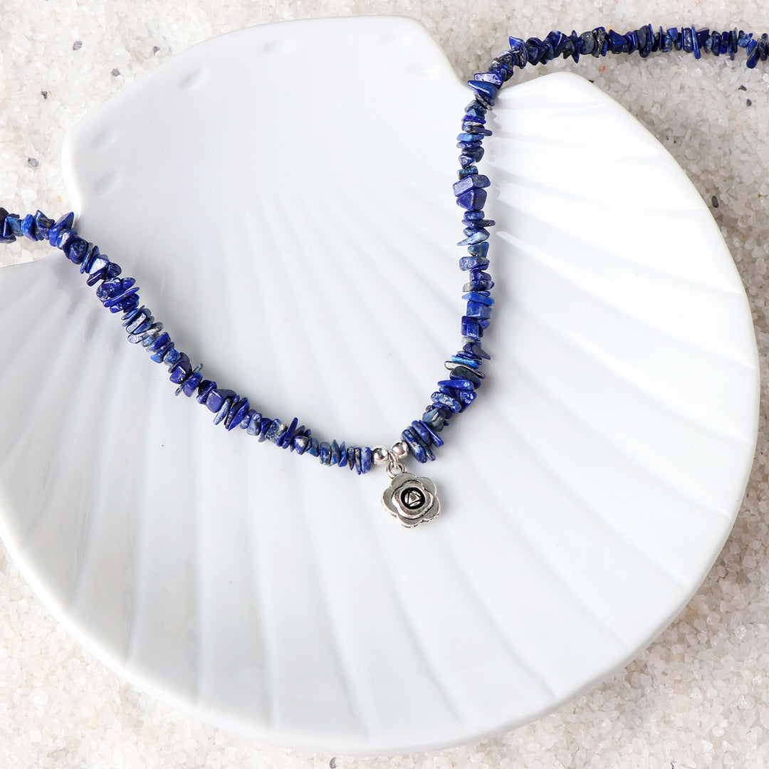 Lapis Lazuli Flower Charm Silver Necklace