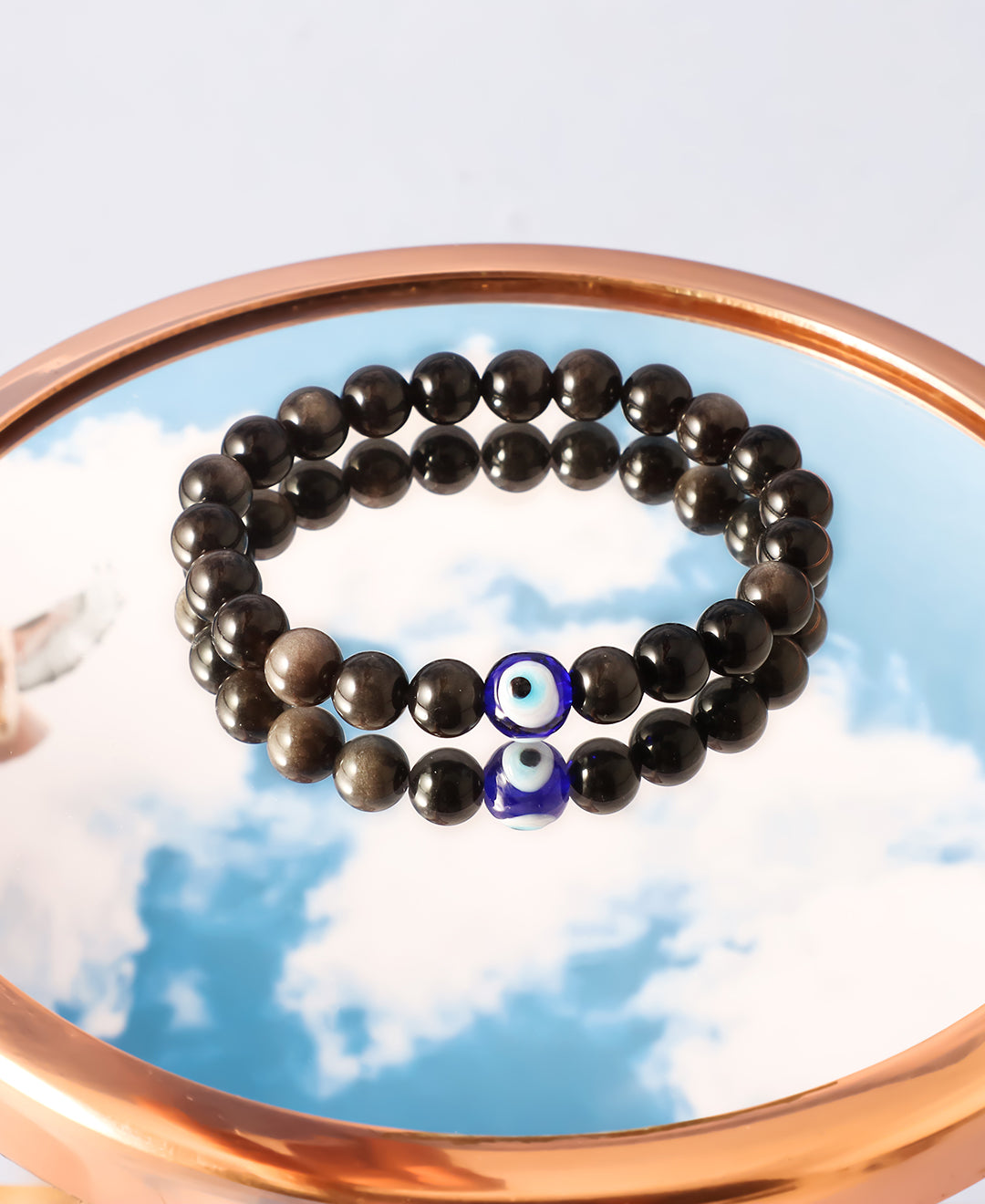 Silver Obsidian and Evil Eye Stretch Bracelet