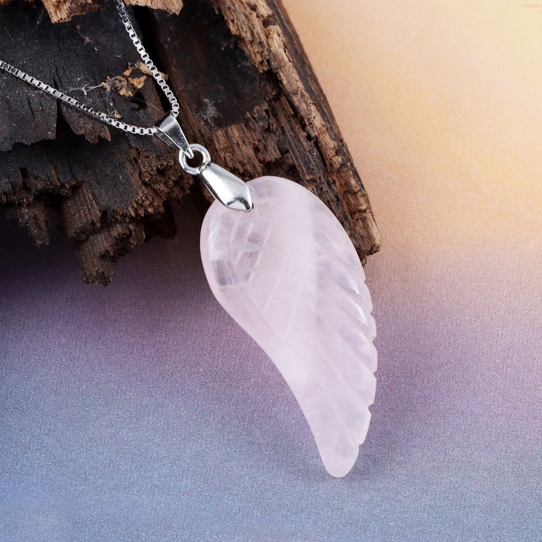 Graceful Rose Quartz Angel Wing Pendant Front View