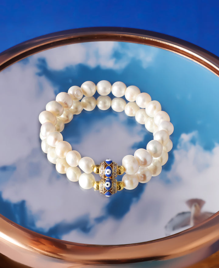 Pearl and Blue Evil Eye Stretch Bracelet