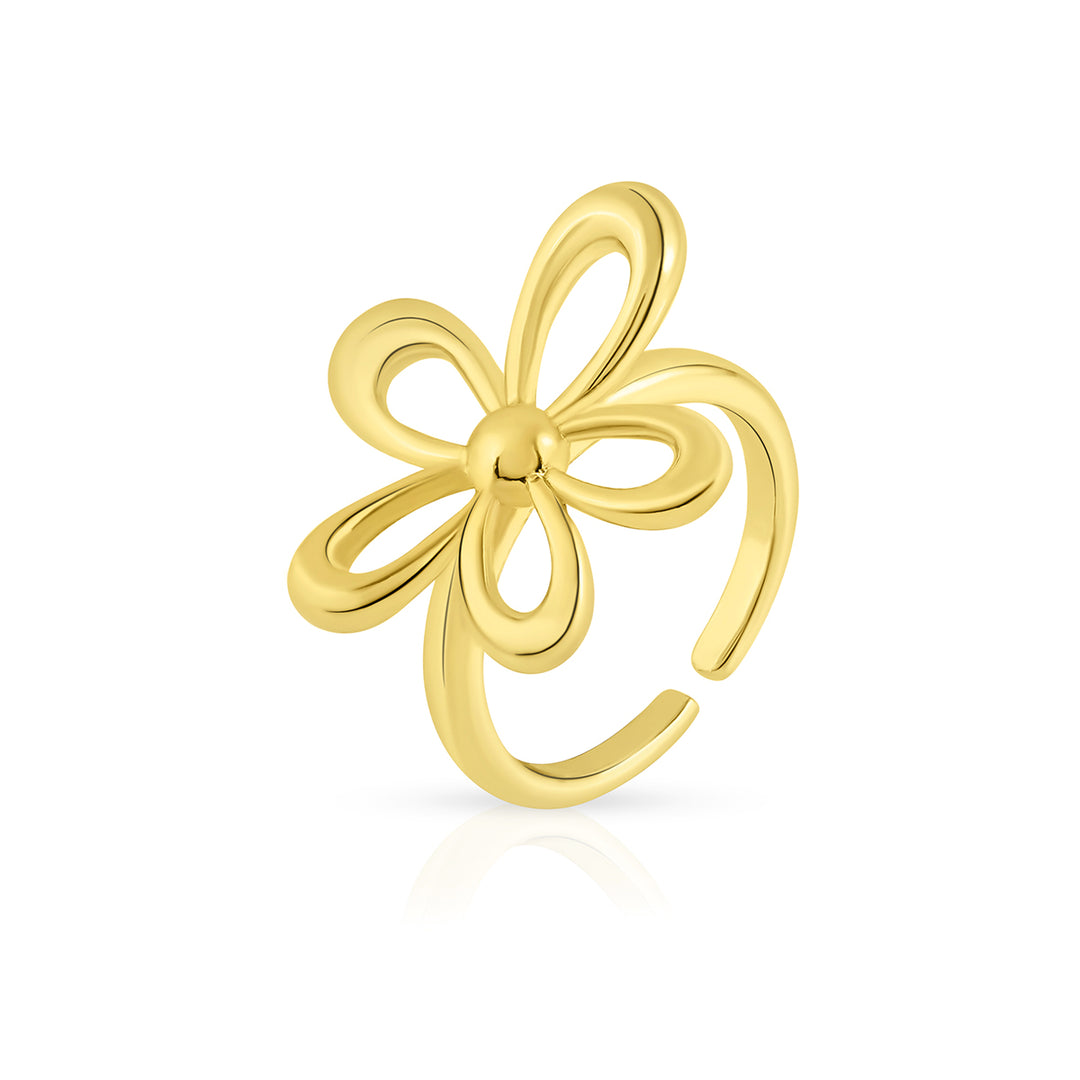 Flower-shaped brass ring with gold plating, adjustable size, weighing 20 grams.